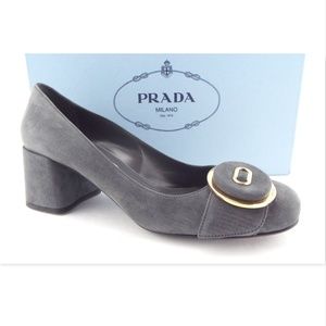 New PRADA Logo Detail Button Accent Ash Gray Suede Leather Block Heel Pumps 36.5